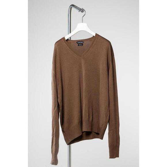 Tom Ford Sweaters - Tom Ford Brown V-Neck Silk Wool Sweater Shirt